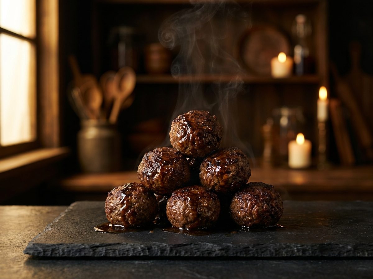 Stack of seared Stella D's grass-fed meatballs on a slate board