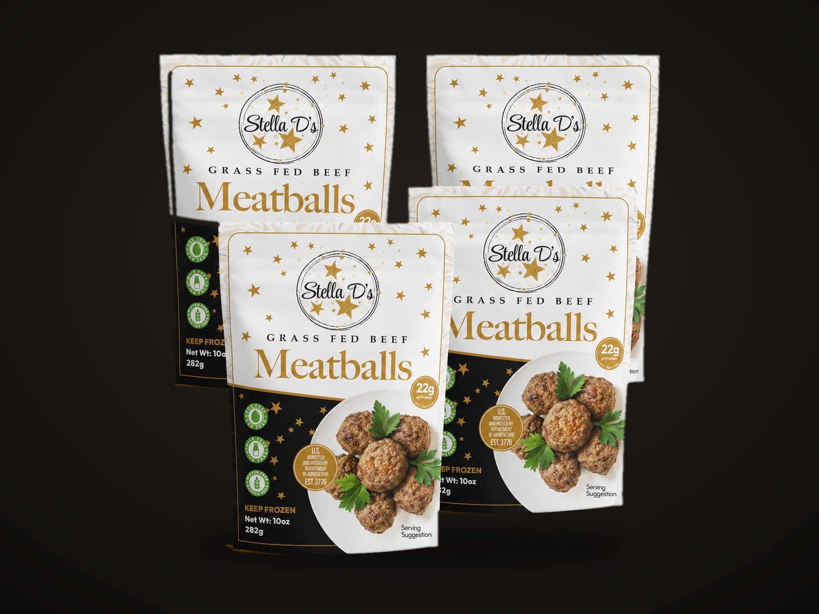 Stella D's 4-Pack, four packs of grass-fed meatballs, packed frozen
