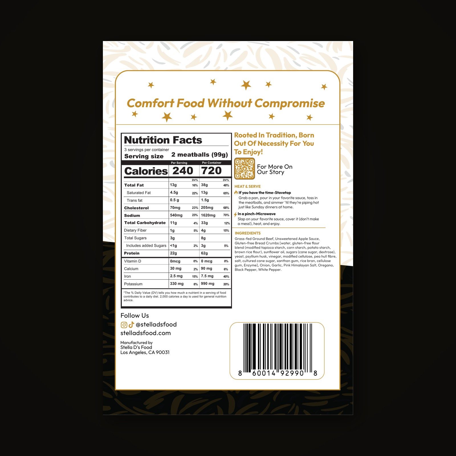 Stella D's packaging back: Nutrition Facts, ingredients, and heating instructions