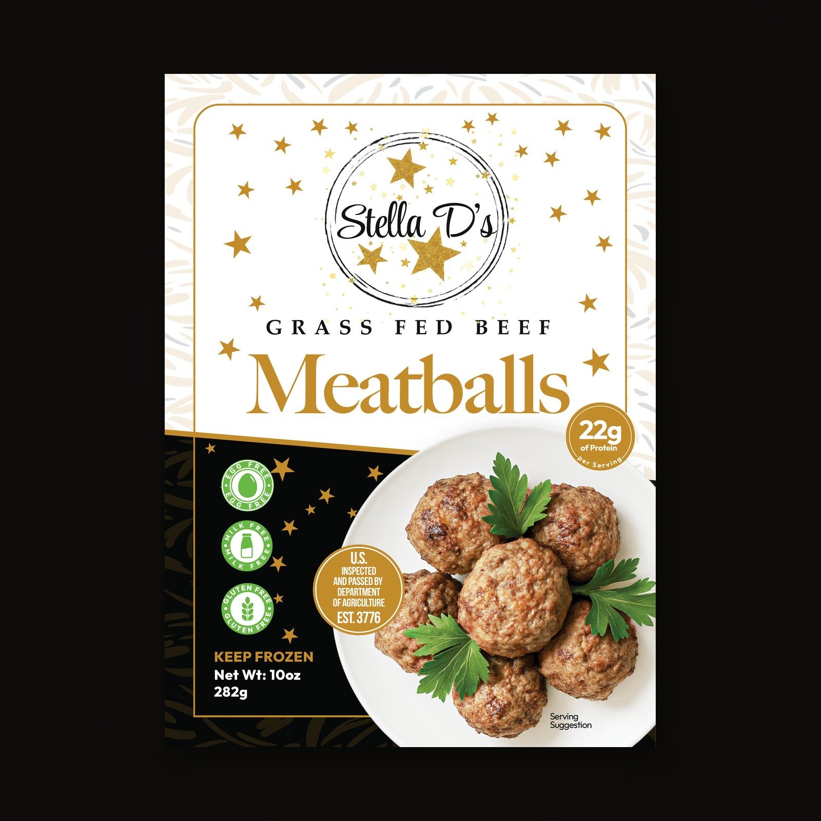 Stella D's packaging front: grass-fed beef meatballs, egg-free, milk-free, gluten-free, 22g protein per serving