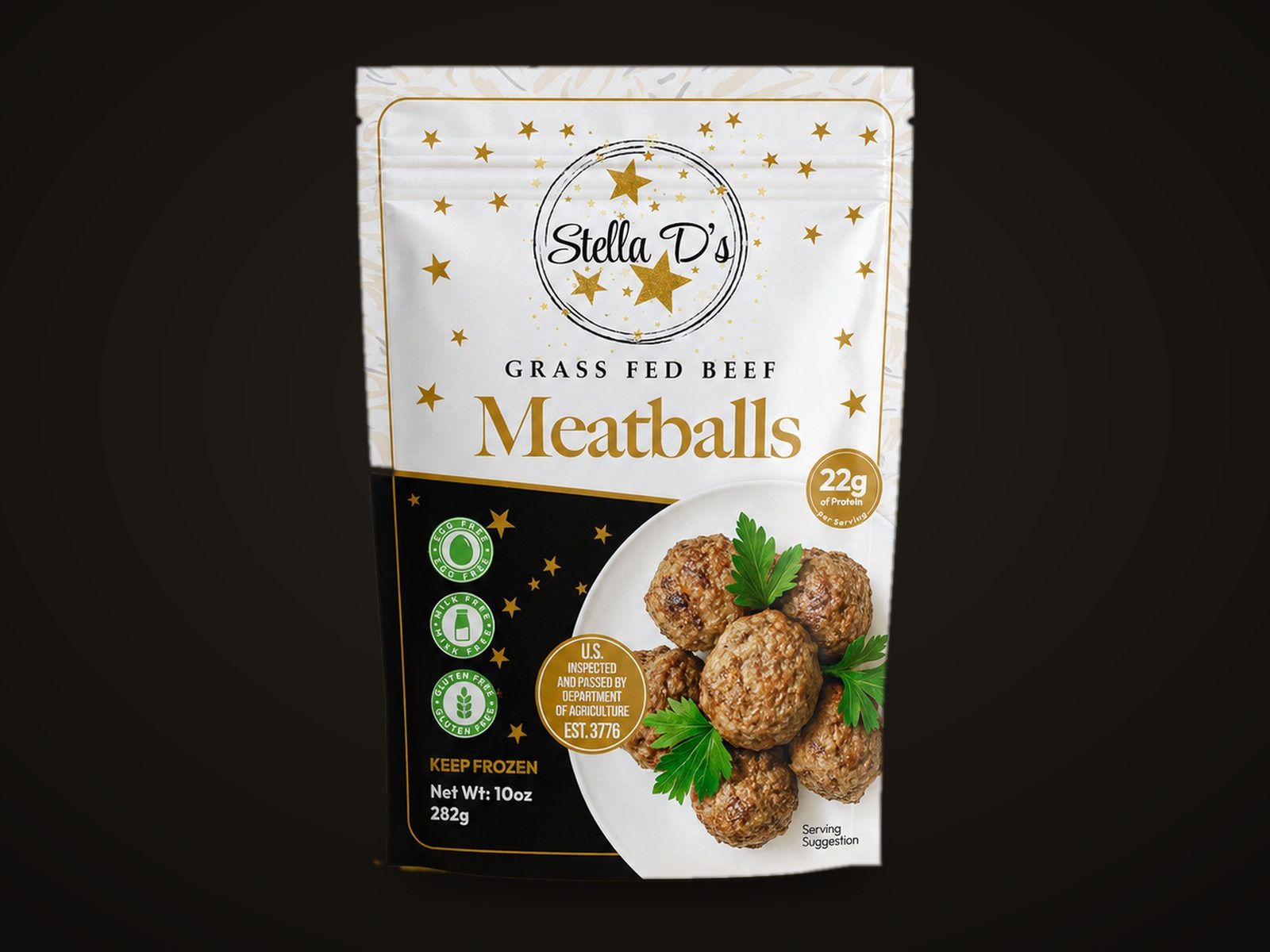 Stella D's grass-fed meatballs pouch: gluten-free, dairy-free, egg-free, 22g protein